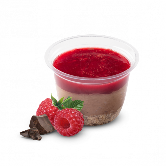 Čokoládový mousse s malinovým coulis a drobenkou